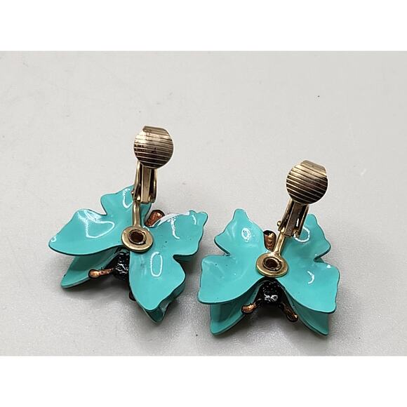 Vintage Turquoise Enamel Butterfly Clip On Earrings 1950s - Picture 9 of 9